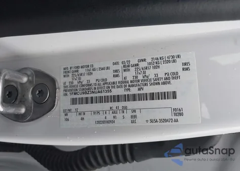 2022 Ford Escape Se Hybrid z USA, uszkodzony, nr VIN 1FMCU9BZ3NUA61355